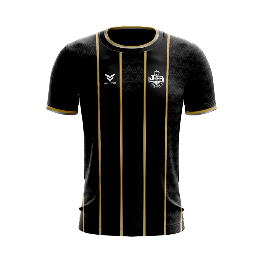 JAFA away futsal jersey: black with gold and silver pinstripes and the JAFA crest