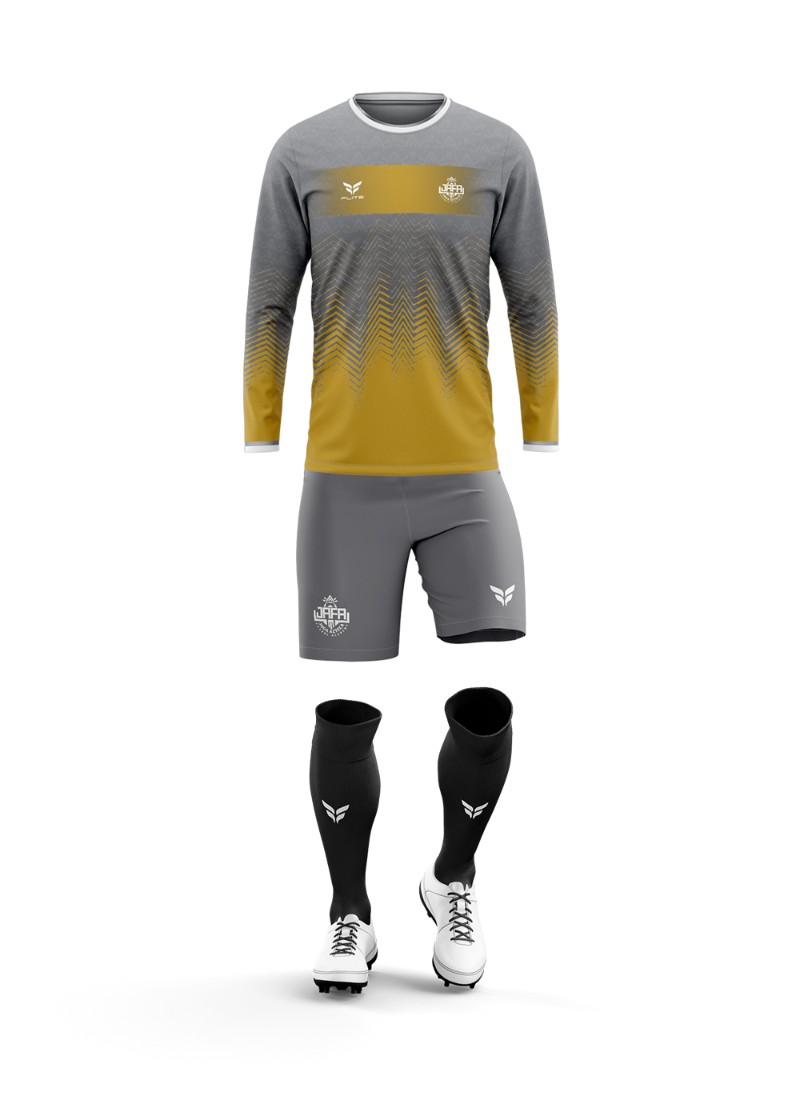 JAFA goalkeeper kit: grey and gold long-sleeve jersey, grey shorts, and black socks