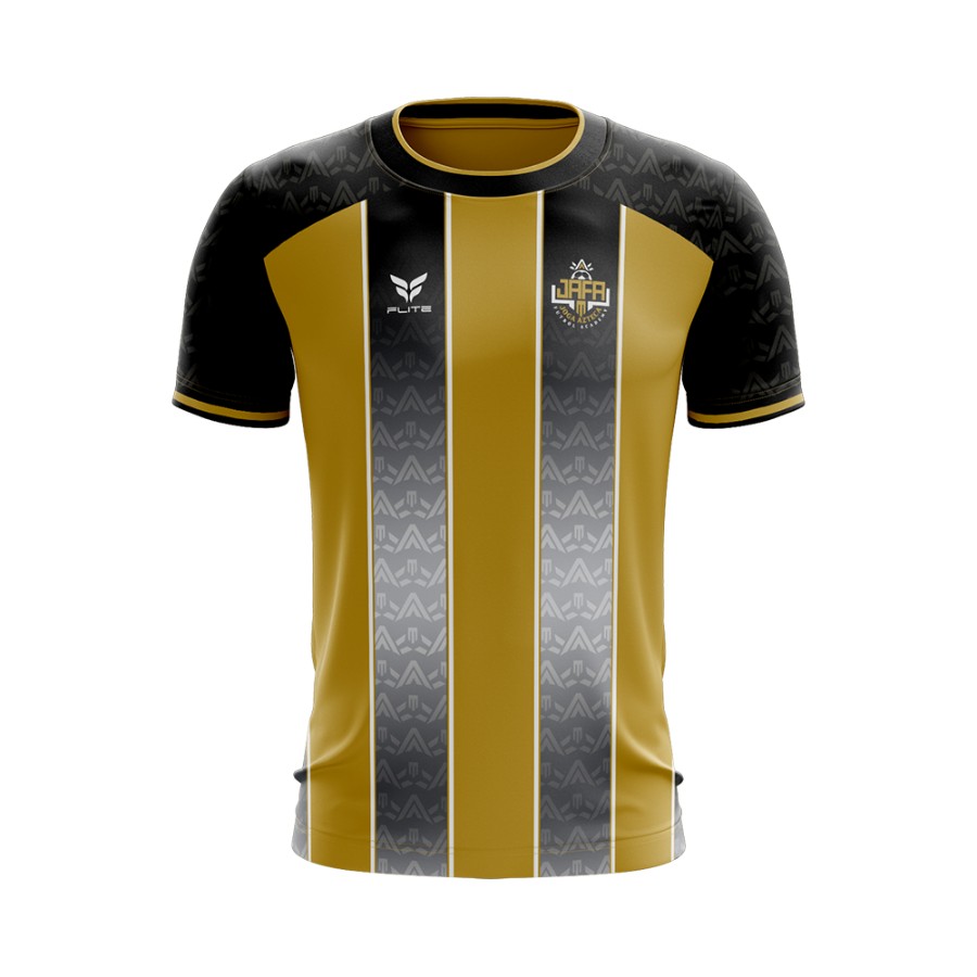 JAFA home futsal jersey: gold with black shoulders and a silver centre panel